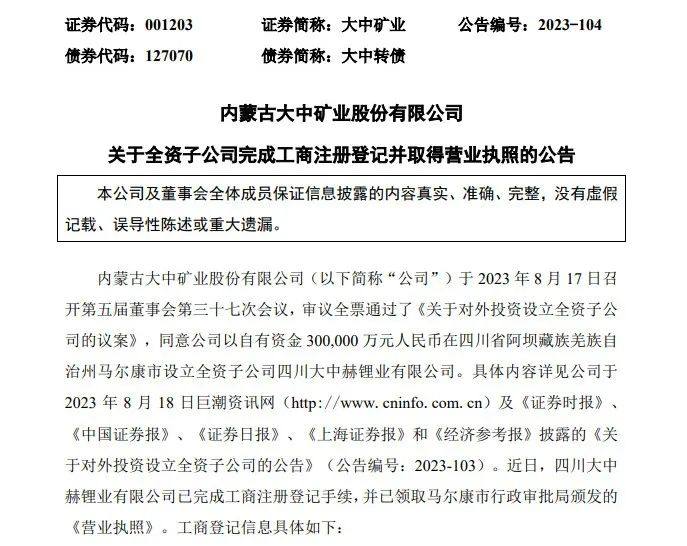 42亿元拍下锂矿后 大中矿业注资30亿在四川成立锂业公司