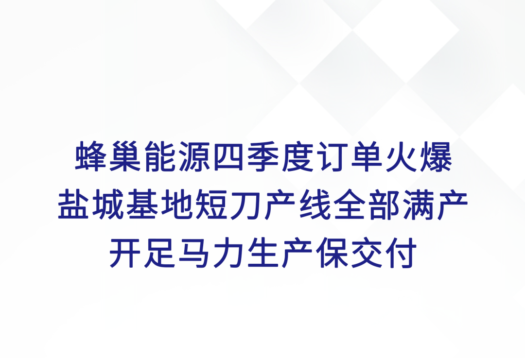 蜂巢能源四季度订单火爆 盐城基地短刀产线全部满产 开足马力生产保交付