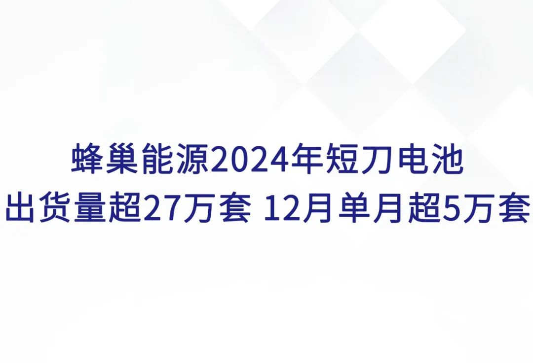 蜂巢能源2024年短刀电池出货量超27万套 12月单月超5万套